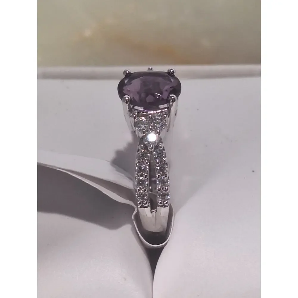 925 Sterling Silver Amethyst Ring Oval Purple Stone CZ Accents Sz 6.5 NIB